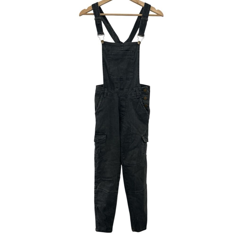 ModCloth Faded Black Overalls XS Floral Lined Bibs denim cargo boho utility chic